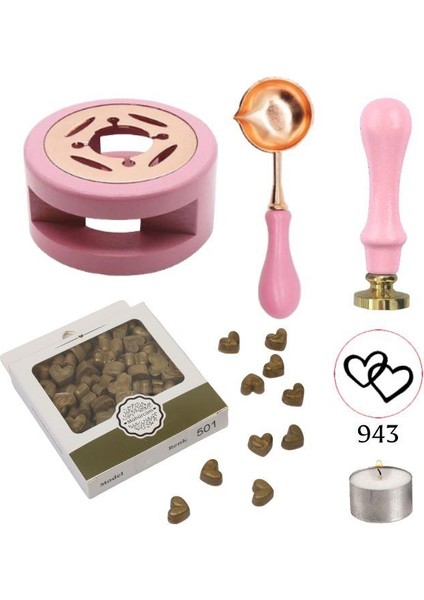 Davetiye Mum Mühürü Uygulama Seti Yavruağzı Renk 943 Çifte Kalp