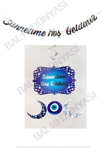 Sünnetime Hoş Geldiniz Kaligrafi Banner ve 4'lü Tavan Süsü