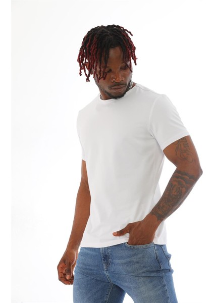 Erkek Slim Fit Pamuk Likra Basic Kısa Kol T-Shirt-Beyaz fırsatları