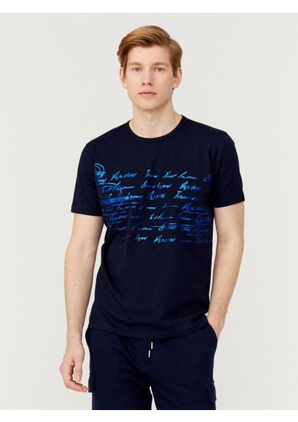 Bisiklet Yaka %100 Pamuk Slim Fit Baskılı Tişört