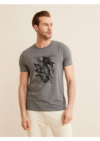Bisiklet Yaka Slim Fit Baskılı Modal Tişört