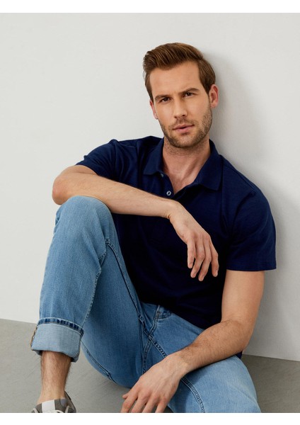 Erkek Lacivert Oversize Pamuklu Polo Yaka Basic Tişört