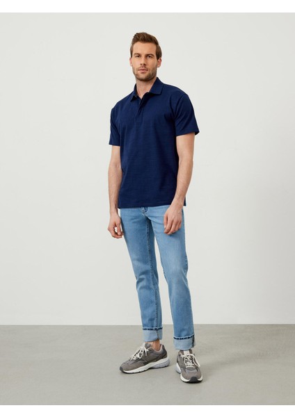 Erkek Lacivert Oversize Pamuklu Polo Yaka Basic Tişört modelleri