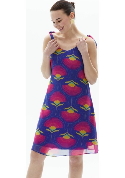 Omuzları Bağlamalı V Yaka Çiçekli Elbise