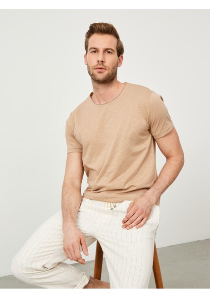 Erkek Bej Regular Fit Pamuklu Basic Tişört