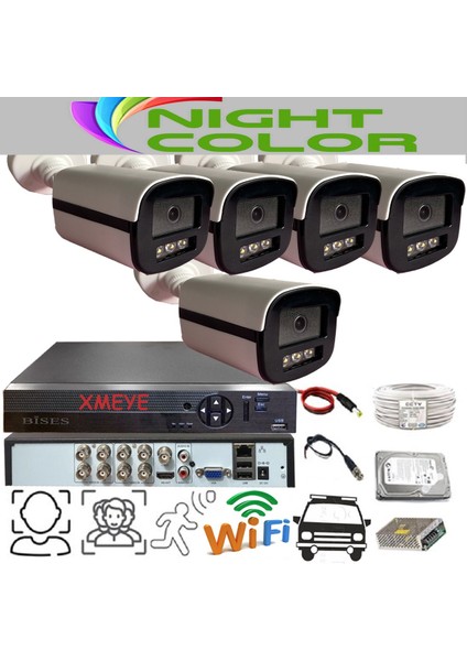 5 Kameralı Araç Yüz Insan ve Hareket Algılayan 5 Mp Lens 1080P Gece Renkli Gösteren Plastik Kasa Güvenlik Kamerası Seti 303W