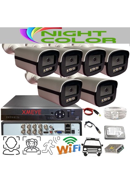6 Kameralı Araç Yüz Insan ve Hareket Algılayan 5 Mp Lens 1080P Gece Renkli Gösteren Plastik Kasa Güvenlik Kamerası Seti 303W