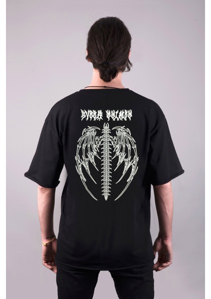 Gothic Gotik Desen İskelet Kurukafa Kanat Ön Sırt Baskılı Oversize Kalıp Unisex Tişört