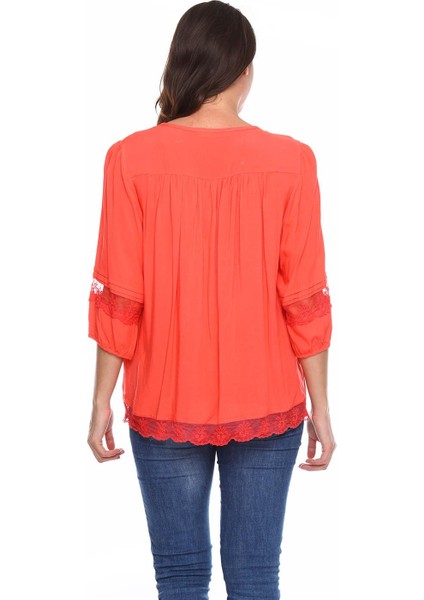 Dantel Detaylı Büyük Beden Gömlek Bluz Mercan fiyatları