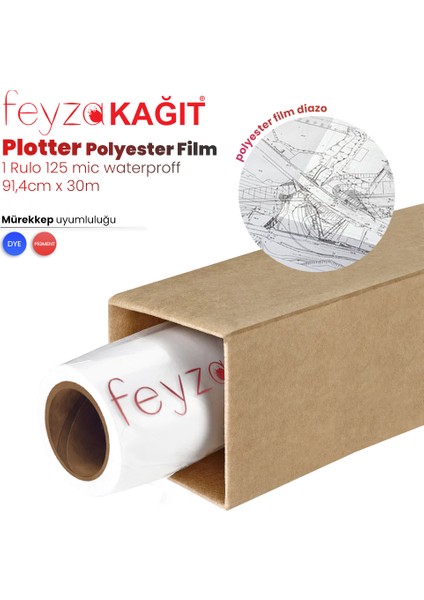 Feyza Kağıt® Plotter Polyesteri Inkjet Waterprof (Diazo) Kağıdı  125 Micron Rulo 91,4cm x 30MT (1 Rulo)