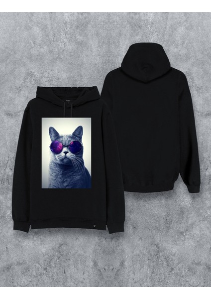Kedi Özel Tasarım Baskılı Kapşonlu Unisex Sweatshirt
