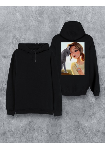Kedi Özel Tasarım Baskılı Kapşonlu Unisex Sweatshirt