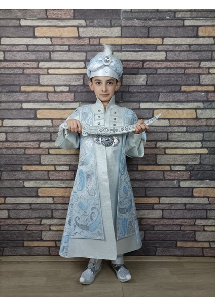 (4-10 Yaş) Mavi Gümüş Boncuklu ve Tokalı Kaftan Sünnet Kıyafeti fiyatları