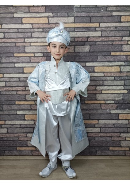 (4-10 Yaş) Mavi Gümüş Boncuklu ve Tokalı Kaftan Sünnet Kıyafeti fırsatları