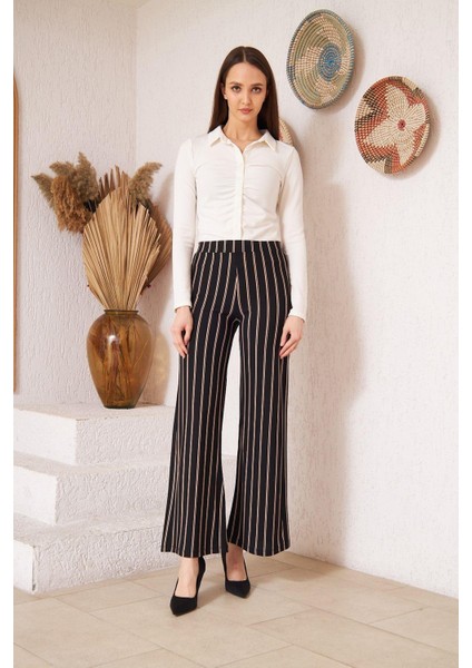 Kadın Siyah Çizgili Krep Pantolon DM48325