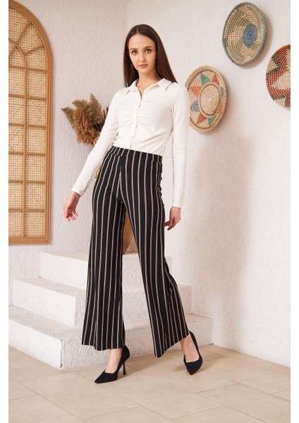 Kadın Siyah Çizgili Krep Pantolon DM48325