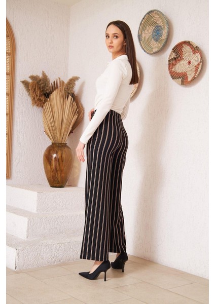 Kadın Siyah Çizgili Krep Pantolon DM48325
