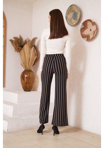 Kadın Siyah Çizgili Krep Pantolon DM48325