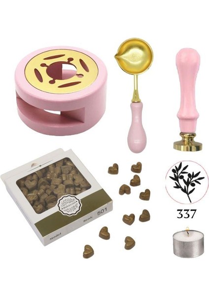 Davetiye Mum Mühürü Uygulama Seti Pembe Renk 337 Zeytin Dalı
