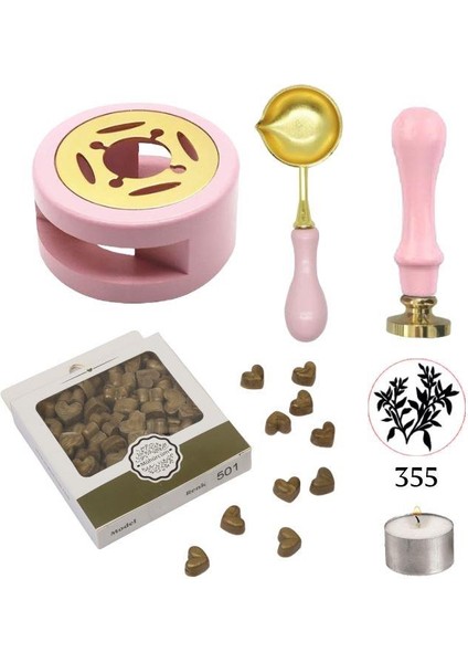 Davetiye Mum Mühürü Uygulama Seti Pembe Renk 355 Dal Yaprak