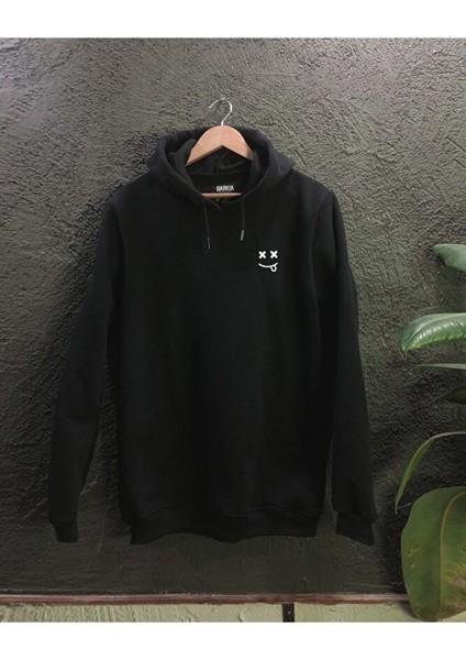 Minimal Gülücük Emoji Smile Göğüs Baskılı Kapüşonlu Tasarım Hoodie