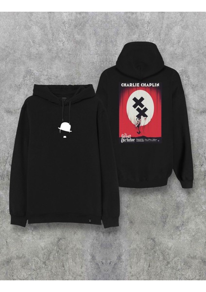 Charlie Chaplin Ön Arka Baskılı Kapşonlu Tasarım Hoodie