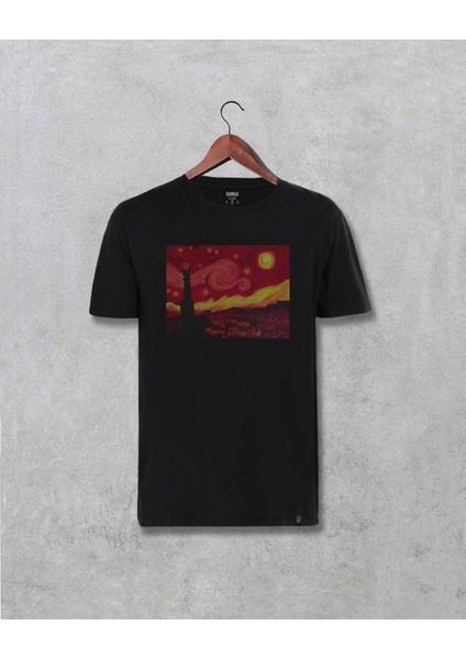 Vincent Vangogh Yıldızlı Geceler Özel Tasarım Baskılı Unisex Siyah Tişört
