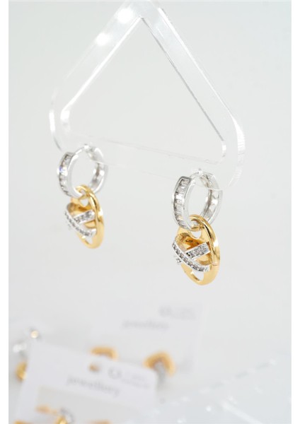 Kadın Vip Seri Zirkon Baget Taşlı Çift Renk'li Elips Model Küpe modelleri