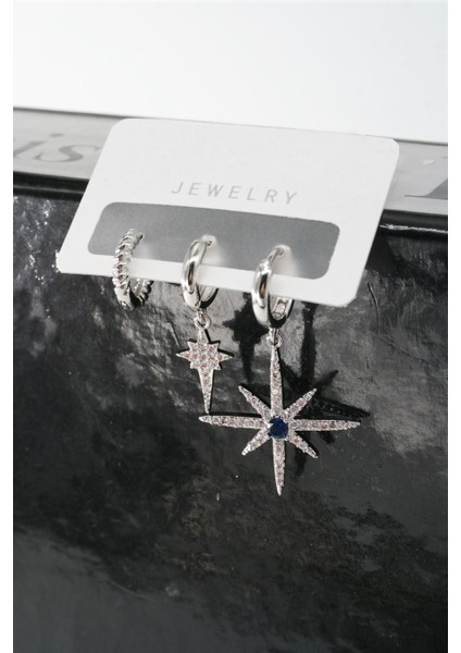 Kadın Vip Seri Zirkon Taşlı Kuzey Yıldızı Figürlü 3'lü Küpe Set