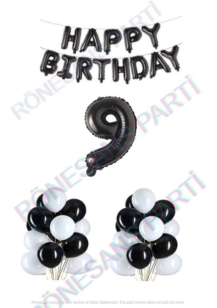 Happy Bırthday Siyah Renk Folyo Balon Latex Balon ve Folyo Rakam Seti Yaş 9