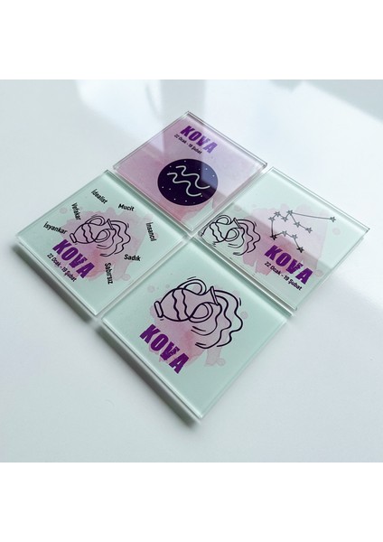 Cam Bardak Altlığı Burçlar - Kova Burcu 4'lü Takım 10 x 10 cm