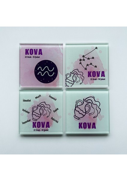 Cam Bardak Altlığı Burçlar - Kova Burcu 4'lü Takım 10 x 10 cm