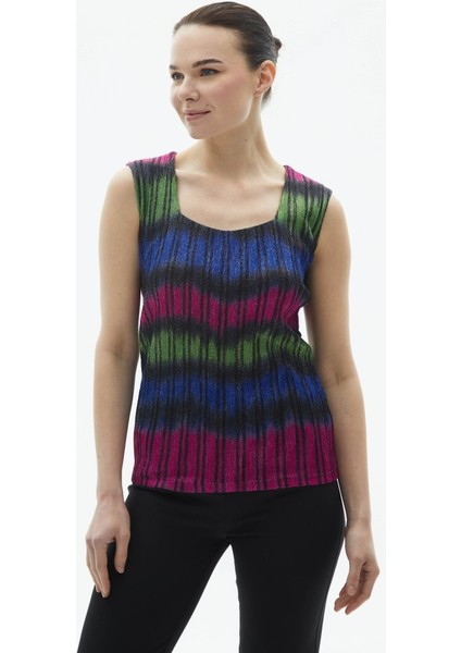 Kare Yaka Kendinden Simli Çizgili Bluz