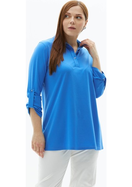 Büyük Beden Önü Düğmeli Şömiziye Yaka Penye Bluz