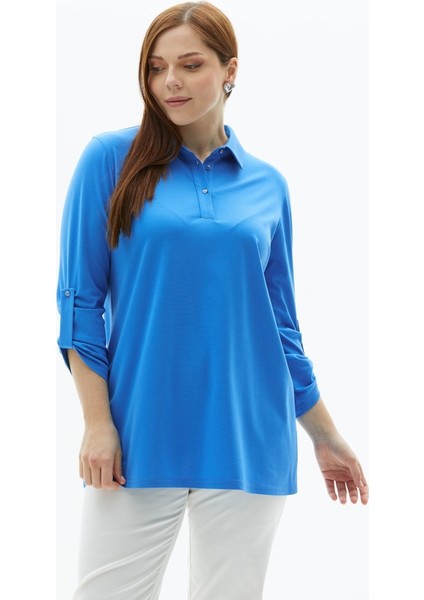 Büyük Beden Önü Düğmeli Şömiziye Yaka Penye Bluz fiyatları