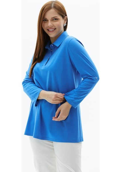 Büyük Beden Önü Düğmeli Şömiziye Yaka Penye Bluz modelleri