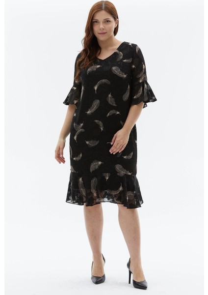 Büyük Beden Etek Ucu Volanlı Tüy Desen Elbise fiyatları