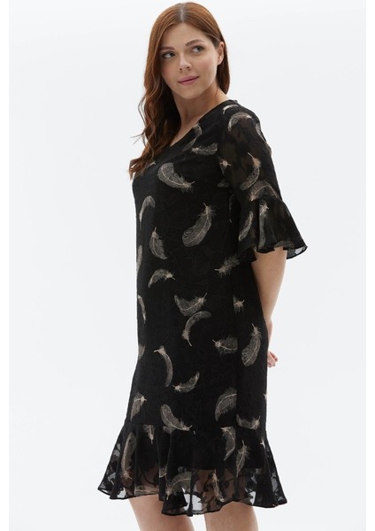 Büyük Beden Etek Ucu Volanlı Tüy Desen Elbise fırsatları