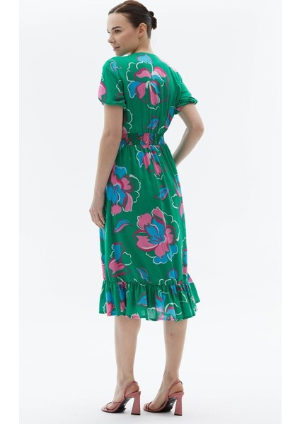 Beli Lastikli V Yaka Büyük Çiçek Desenli Elbise fırsatları