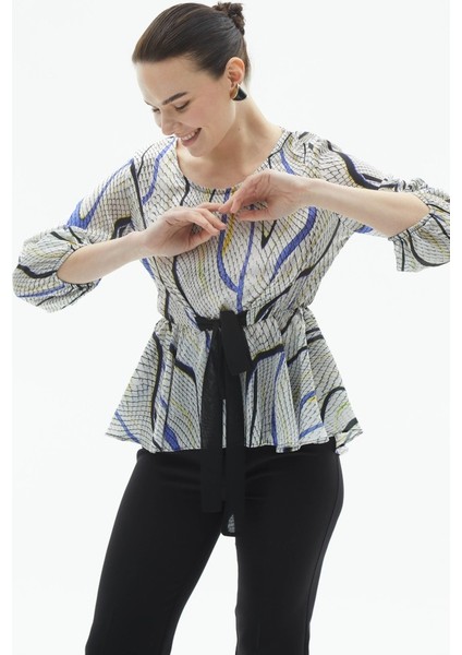 Beli Büzgülü Eteği Volanlı Piton Desen Bluz