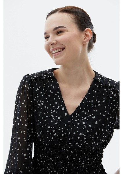 Beli Lastikli Omuzu Fırfırlı Puantiye Desen Elbise modelleri