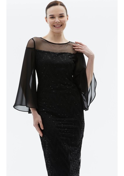 Kolu Şifon Dökümlü Üstü Tül Payetli Elbise fiyatları