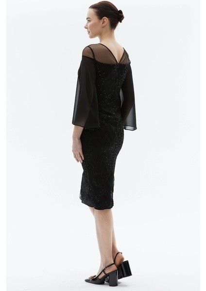 Kolu Şifon Dökümlü Üstü Tül Payetli Elbise indirimleri