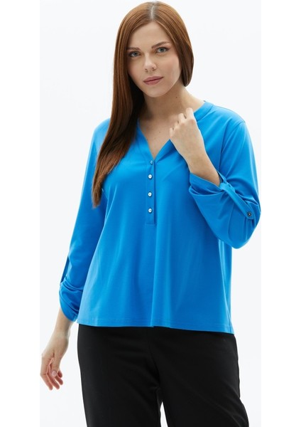 Büyük Beden V Yaka Önü Düğmeli Penye Bluz