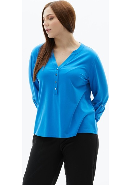 Büyük Beden V Yaka Önü Düğmeli Penye Bluz fiyatları