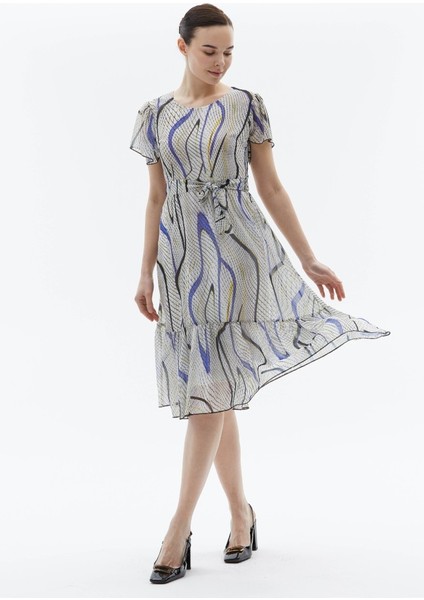 Kolu ve Etek Ucu Volanlı Piton Desen Elbise