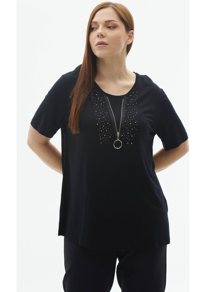 Büyük Beden Önü Fermuar Aksesuarlı Taşlı Penye Bluz fiyatları