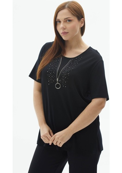 Büyük Beden Önü Fermuar Aksesuarlı Taşlı Penye Bluz modelleri