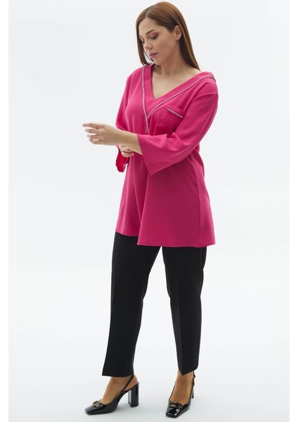 Büyük Beden Önü ve Arkası V Yaka Taşlı Bluz fiyatları