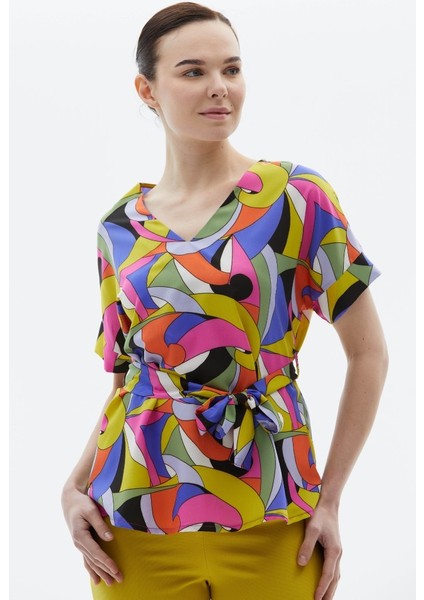 V Yaka Düşük Kol Soyut Desen Bağlamalı Bluz
